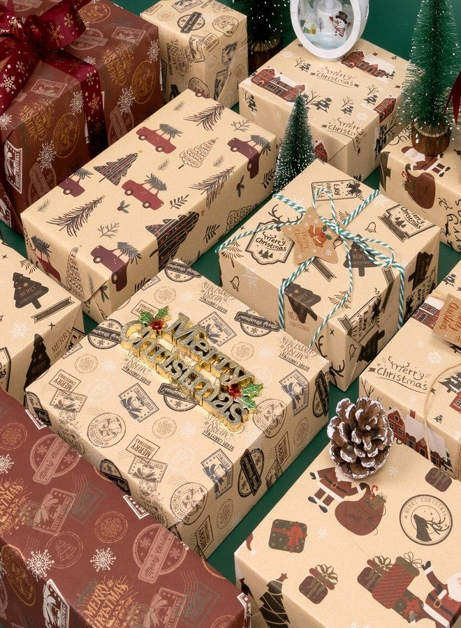 Toptime Christmas Wrapping Paper, 6 Sheets Vintage Gift Wrapping Paper with Ribbon Tags, Red Xmas Kraft Wrap Paper w/Santa Claus, Christmas Tree, Cars, Gift Paper for New Year, Holiday (27.6x19.7in) - Image 4